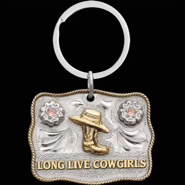 "Our Long Live Cowgirls Keychain features a mini buckle design with a traditional rope edge in Jeweler's Bronze, accented by a flower in each top corner set with a rose-colored cubic zirconia stone and the phrase 'Long Live Cowgirls'.

Size: 2"